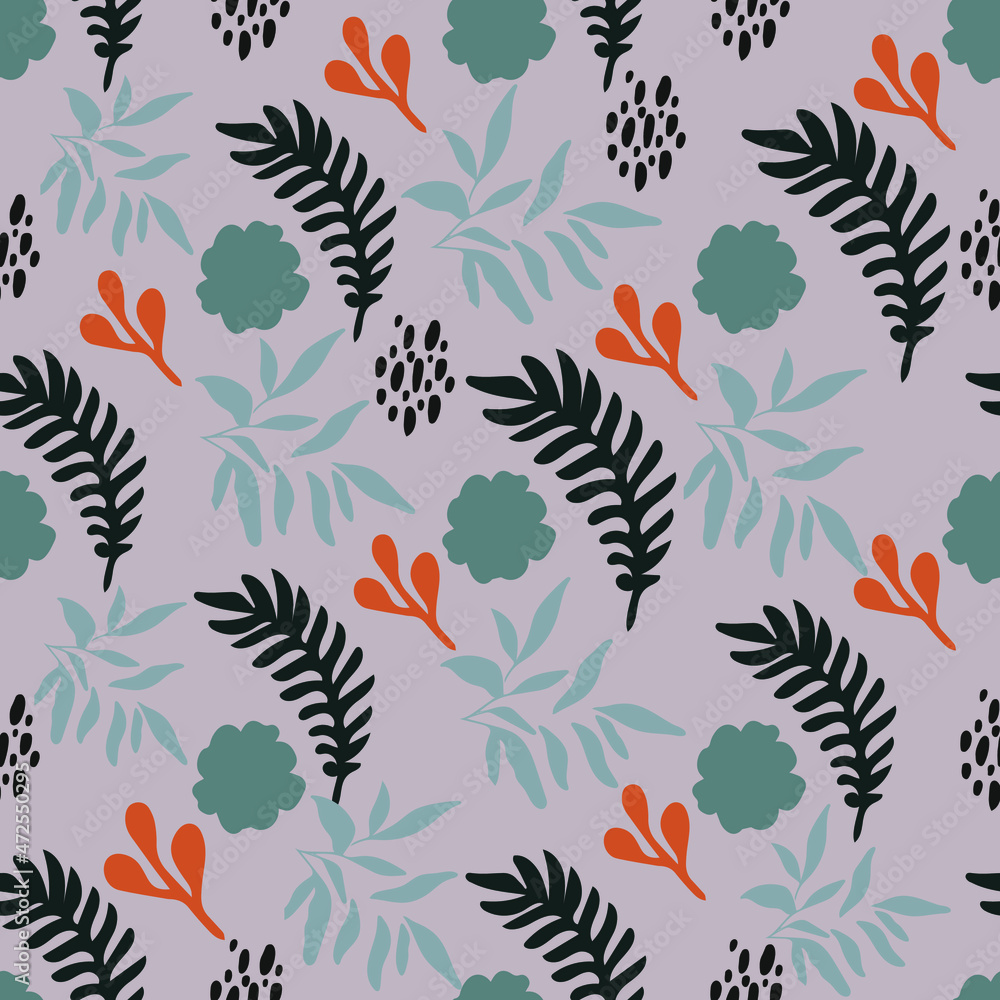 The seamless colorful pattern with abstract tropical plants. Beautiful romantic flower collection with leaves, floral bouquets, flower compositions. Hand Drawn Irregular Floral Vector Patterns. 