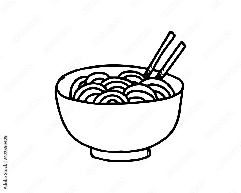 a bowl of noodles illustrated in hand drawn style. a food illustration isolated on white. uncolored drawing of the eastern dish suitable for decorative element design. a bowl of noodles illustrated in hand drawn style. a food illustration isolated on white. uncolored drawing of the eastern dish suitable for decorative element design.