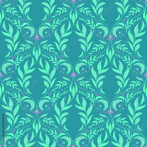 Seamless green pattern with orange tropical plants and orchid flowers. damask pattern