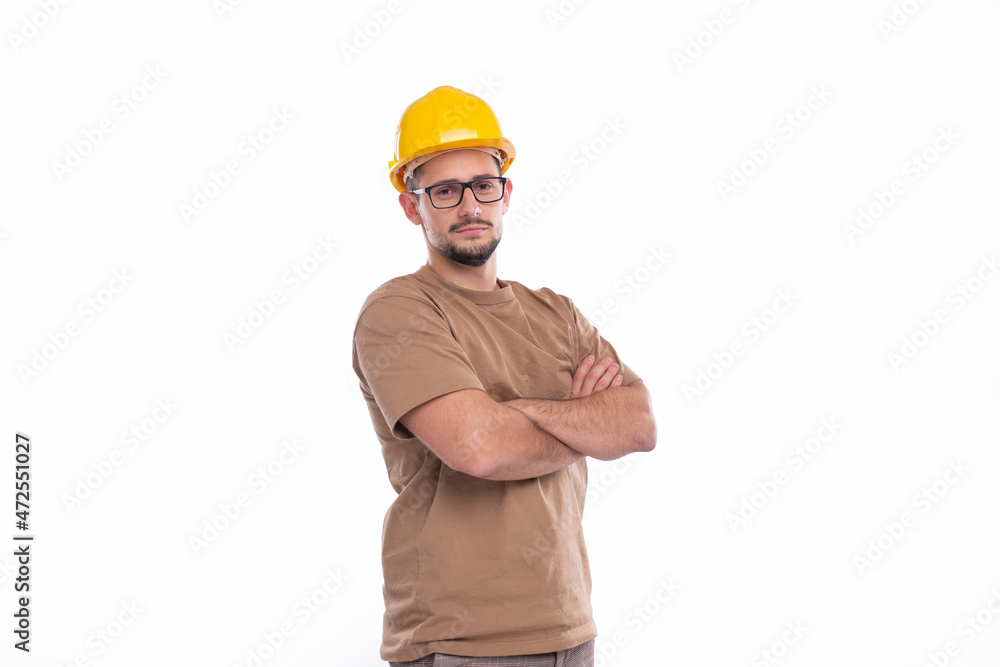 Builder Hands Crossed Isolated. Man Construction Worker Hands Crossed Builder Concept. Builder Hands Crossed Isolated. Man Construction Worker Hands Crossed Builder Concept.