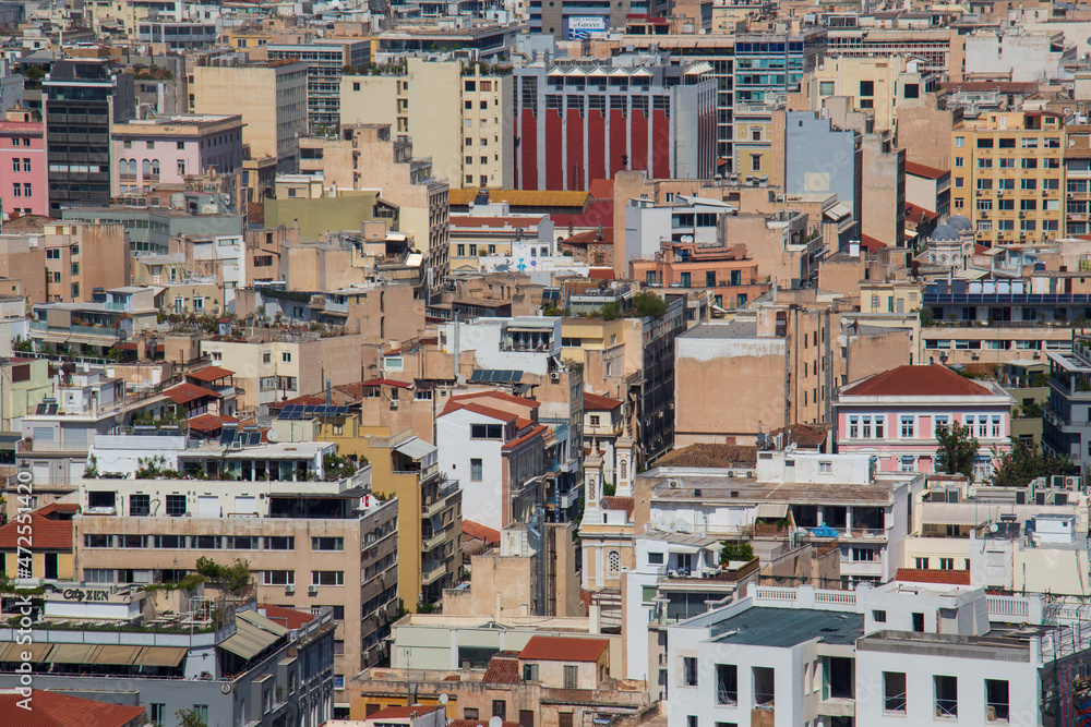View of dense urban development in Athens, Greece