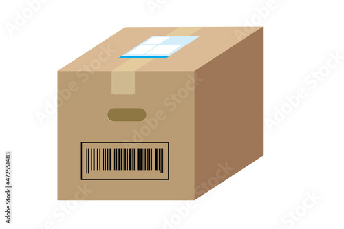 バーコードと送り状がついたダンボール 荷造りされた段ボールのイラスト メトリック投影法 carton illustration