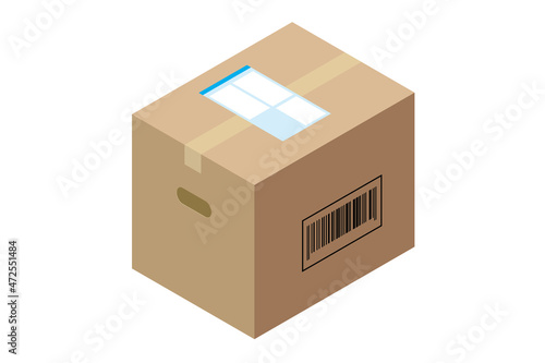 バーコードと送り状がついたダンボール 荷造りされた段ボールのイラスト アイソメトリックス carton illustration