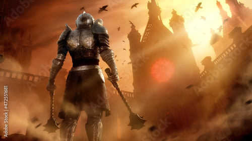 Fotografija A knight in shiny plate armor stands proudly with two heavy maces in his hands, in front of the temple in the rays of the setting sun, flocks of ravens fly around him, red light shines