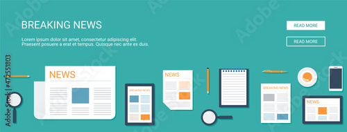 Flat header. Online news, Newsletter and information, Business and market news, Financial report vector illustration. Flat design suitable for many purposes.