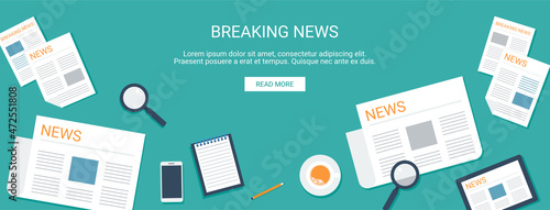 Breaking news top view. Online news, Newsletter, information, Business, market news, Financial report vector illustration.