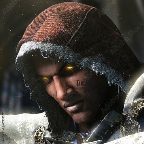 Photo A portrait of a brutal black warrior, he is a paladin with glowing eyes in a tor