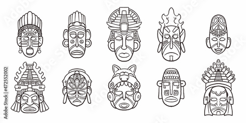 Set of hand drawn maya faces symbols isolated on white background.