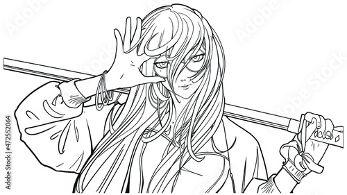 Mature elegant woman with long hair drawn in anime style, she is a fighter with a katana in her hand playfully adjusts round glasses, she is wearing a jacket and a corset with jewelry. 2d line art