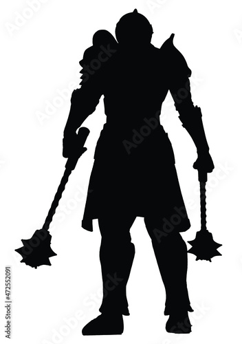 The black silhouette of a knight in plate armor with a helmet and shoulder pads stands brutally with two heavy maces in his hands. 2d art