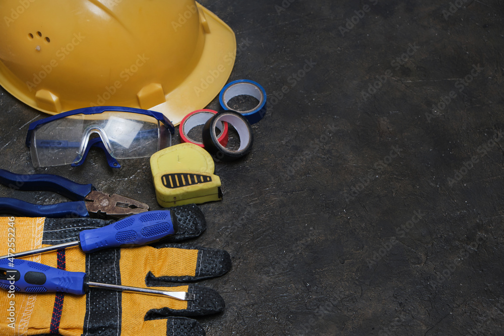 Set of construction, installation tools and protective equipment.