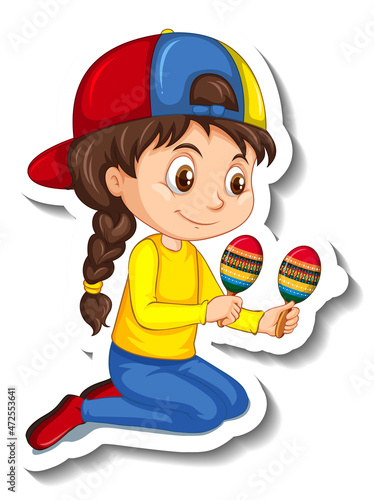 A girl playing maracas cartoon character sticker