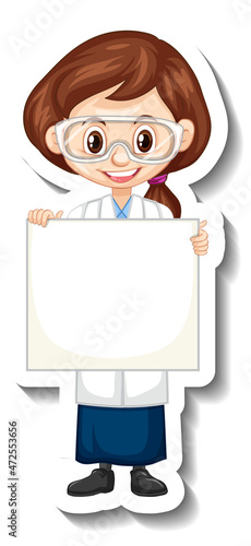 Scientist girl holding empty board in sticker style