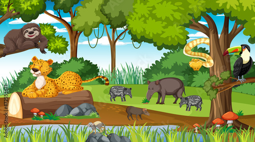 Forest at daytime scene with different wild animals