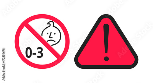 Choking hazard forbidden sign sticker not suitable for children under 3 years isolated on white background vector illustration. Warning triangle, sharp edges and small parts danger.