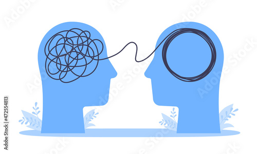 Psychologist consulting or mental problem solving brainstorm concept. Human heads with tangled chaos disorder turns into order line, finding solution. Coach, mentoring psychotherapy. Complex to simple