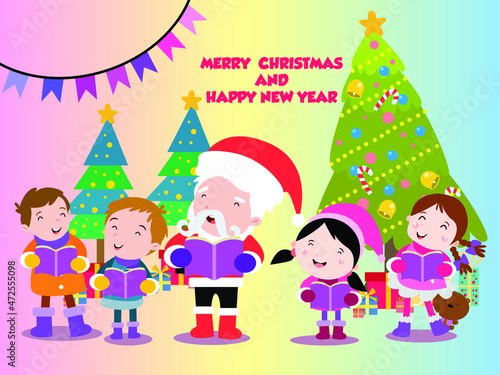 Christmas vector concept. Santa claus singing christmas carol with children while standing with Merry Christmas and Happy new year
