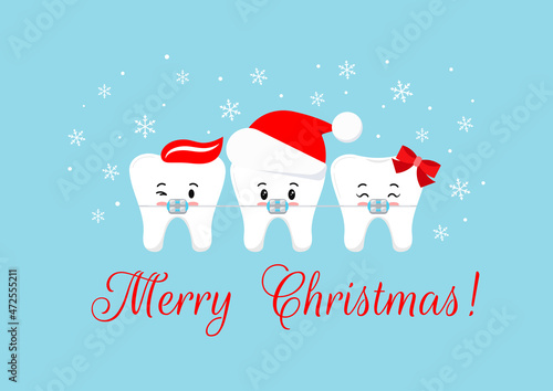 Cute Christmas teeth in braces with xmas accessories on dentist greeting card. White xmas winter tooth in brackets in santa hat with paste and bow. Flat design cartoon vector illustration.