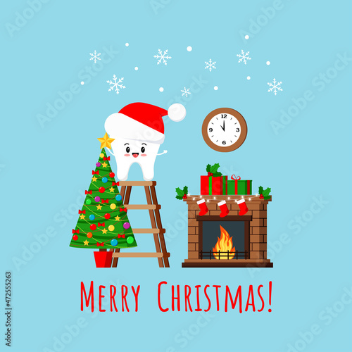Christmas tooth in Santa Claus hat with fireplace. Cute xmas tooth puts star on a top of christmas tree, fireplace, gift, socks on interior background in cartoon flat style. Vector illustration.
