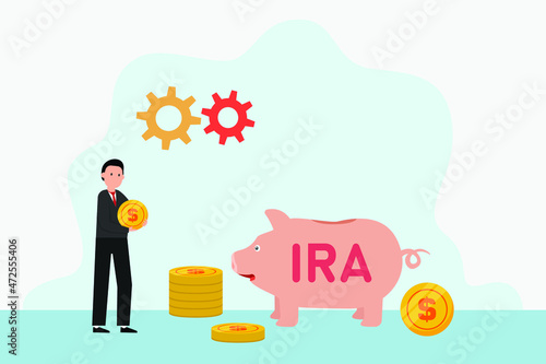 Retirement investment vector concept. Young man putting coins into piggy bank with IRA word while standing with gear background