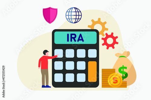 Retirement investment vector concept. Young man using a calculator with IRA word while standing with money