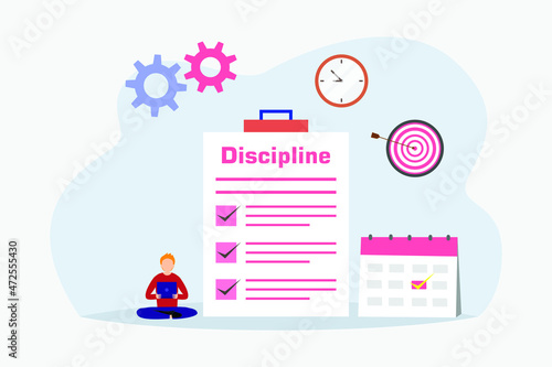 Discipline vector concept. Young man using a laptop while sitting with discipline list plan on the clipboard near the calendar