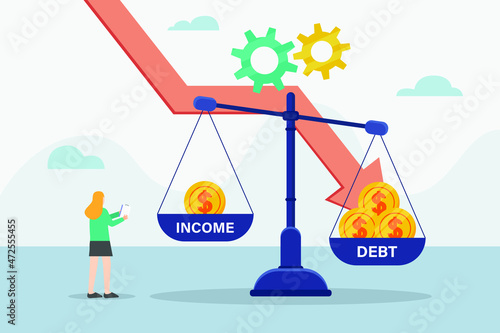 Young woman looking at unbalanced scales with heavy debt more than income