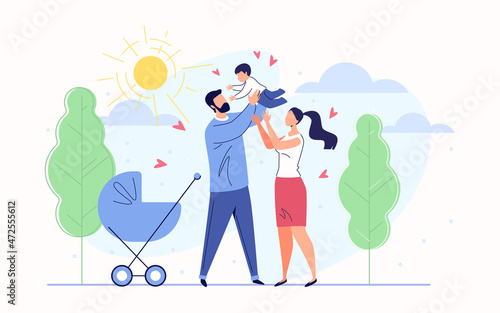 Happy Family: Father, Mother and Baby in the Background of Nature and the Shining Sun. Vector Illustration in Flat Cartoon Style.