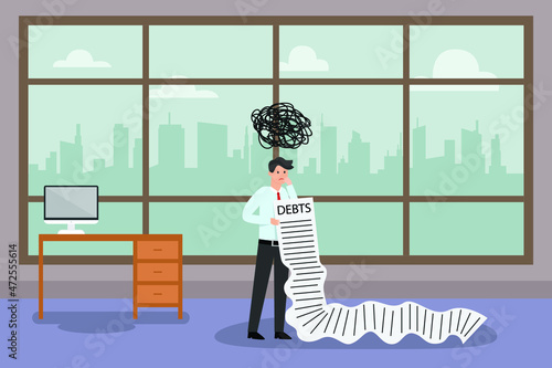 Debt vector concept. Depressed businessman checking long paper of debt while standing with chaotic symbols over his head