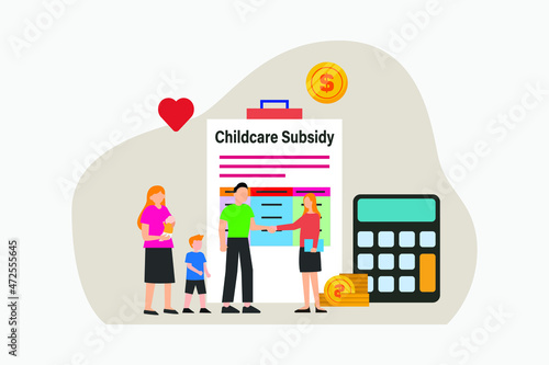 Childcare expenses subsidy vector concept. Young family handshaking with a businesswoman while standing with childcare subsidy claim