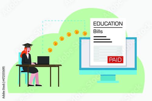 Education bills vector concept. Female college student receiving education bills paid on the laptop while wearing graduation cap