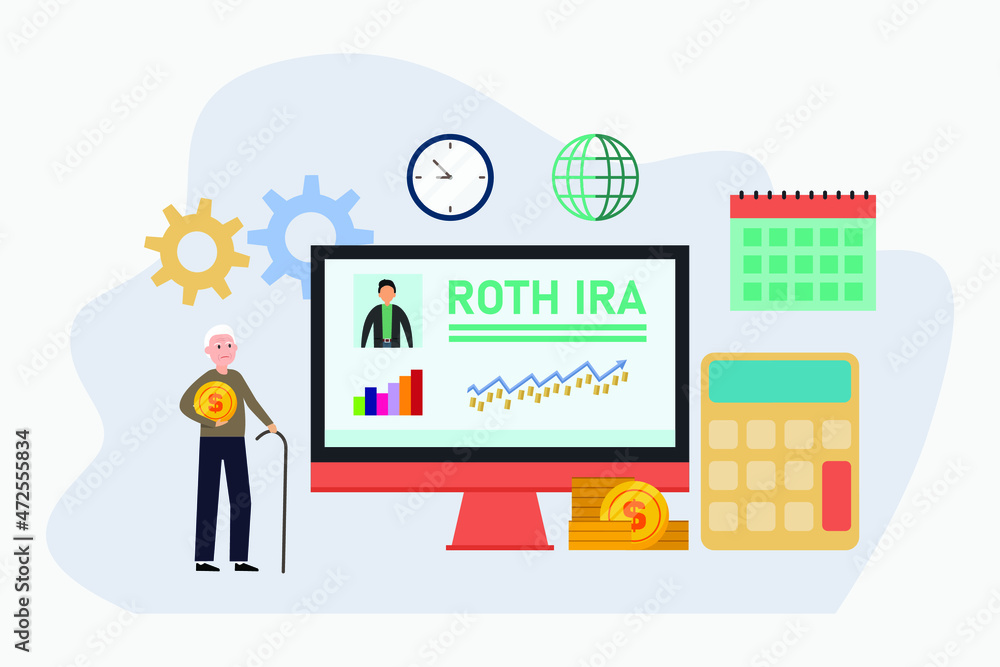Retirement investment vector concept. Senior man looking at growth finance chart with ROTH IRA text on the monitor while holding coin