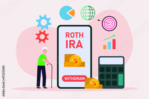 Retirement investment vector concept. Old man doing retirement funds withdrawal on the mobile phone while standing with calculator