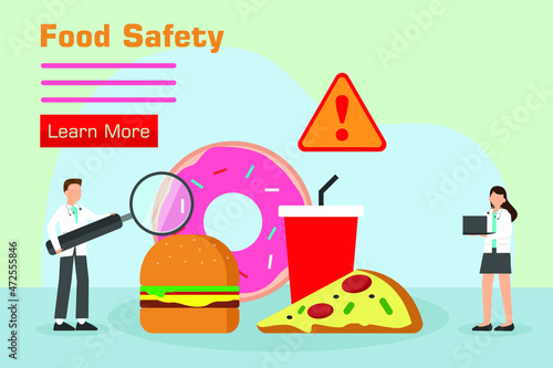 Food safety vector concept. Two doctors using magnifier to checking at junk foods while standing with food safety text background