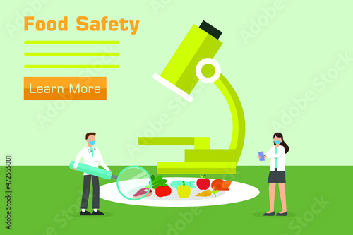 Food safety vector concept. Two scientists using magnifier to checking at vegetables on the plate while standing with microscope background