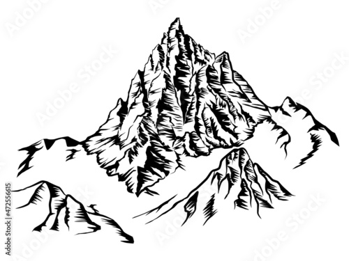 snowy mountain hand drawing vector illustration. black and white. photo