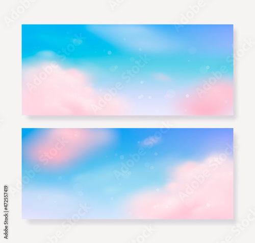 Set of realistic horizontal sky background with beautiful pink clouds. Vector illustration