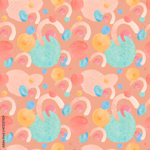 Seamless pattern with watercolor minimalist Shapes on Calming Coral background.Repeating,abstract print with hand drawn blotches.Design for wrapping paper,packaging,social media,textiles,fabric.