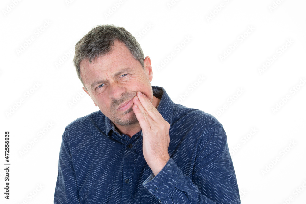 man hand on cheek has toothache isolated on white background