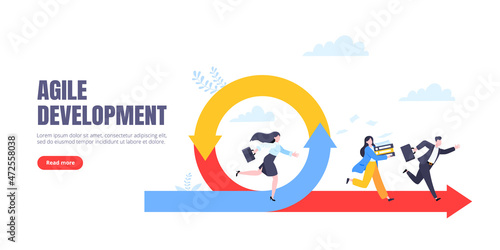 Agile development methodology business concept flat style design vector illustration isolated on white background. Agile life cycle for software development diagram. Business person run into project.