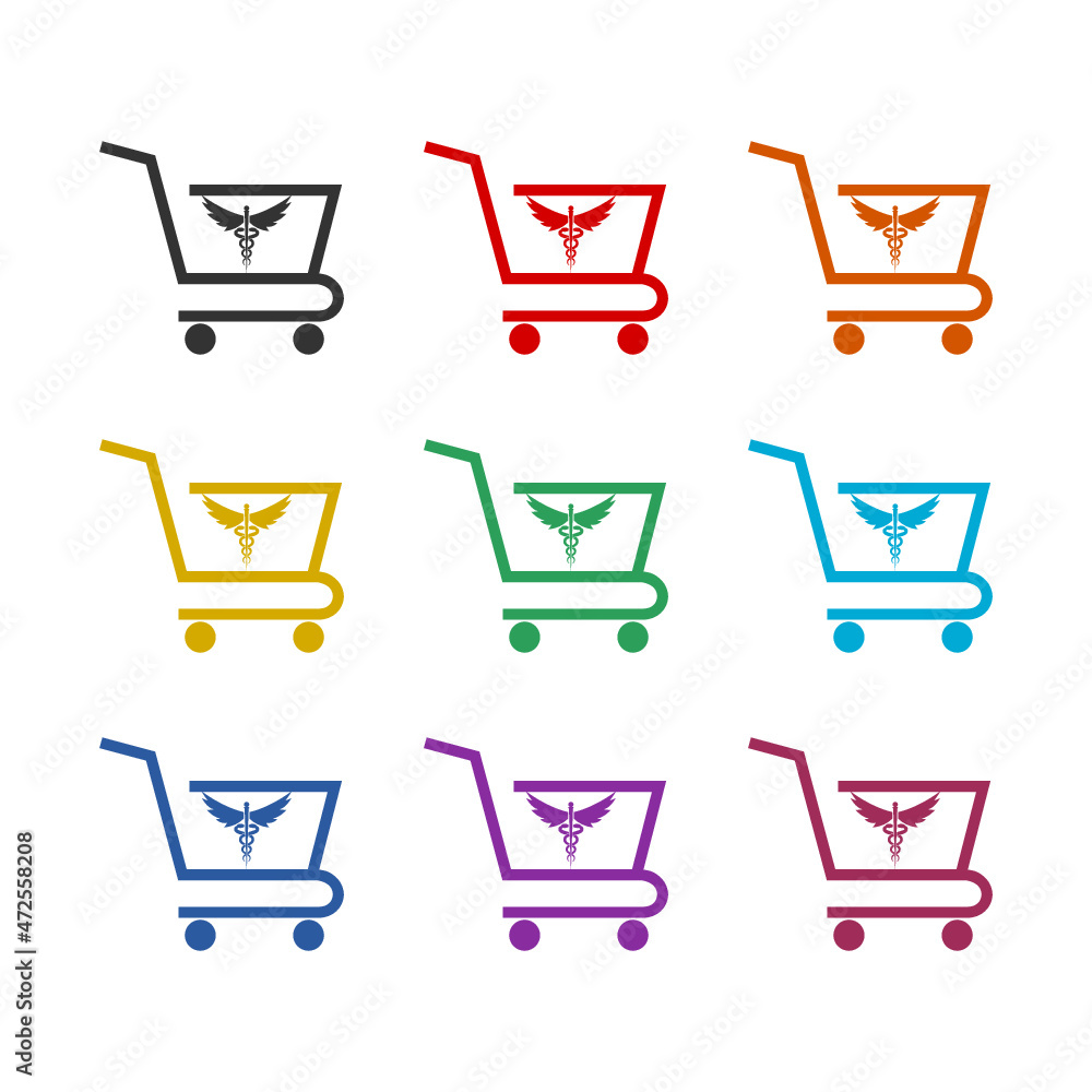 Pharmacy trolley icon isolated on white background, color set