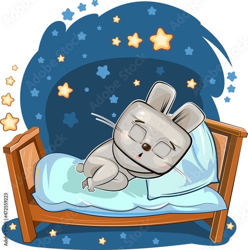 Baby Hare sleeps in bed. Dreaming. Night and stars. Childrens illustration. Nice baby animal fell asleep. Cartoon style picture. Isolated on white background. Vector