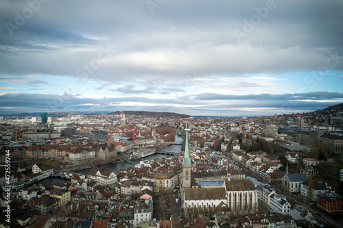 Aerial view of City of Z  rich with river Limmat on a cloudy winter morning. Photo taken December 1st  2021  Zurich  Switzerland.