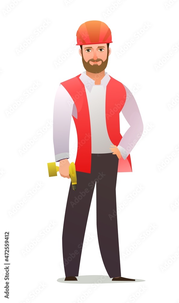 Man builder in vest and protective helmet. Guy worker. Cheerful person. Standing pose. Cartoon comic style flat design. Single character. Illustration isolated on white background. Vector