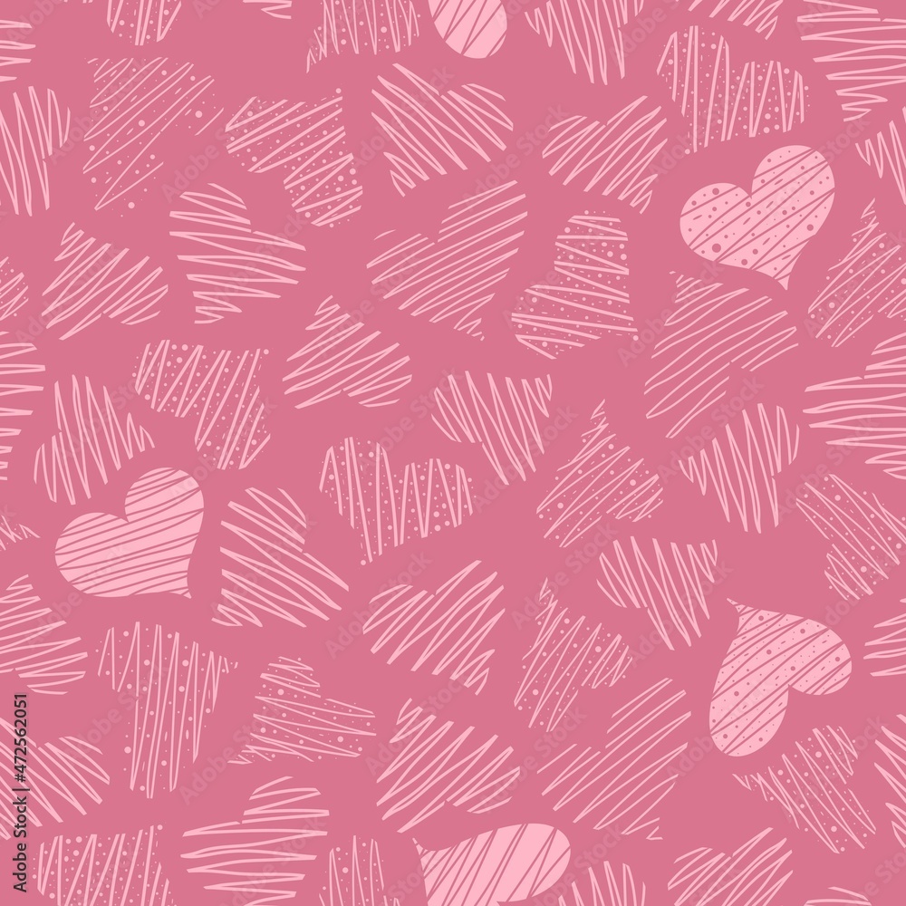 Seamless pattern with hand drawn pink hearts on the pink background. Design for fashion, fabric, textile, packaging paper, gift paper and a print on a different product. Happy Valentines day. Seamless pattern with hand drawn pink hearts on the pink background. Design for fashion, fabric, textile, packaging paper, gift paper and a print on a different product. Happy Valentines day.