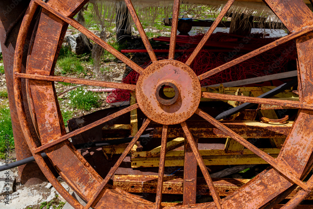 rusty wheel from the cable car in the mountains of the North Caucasus.