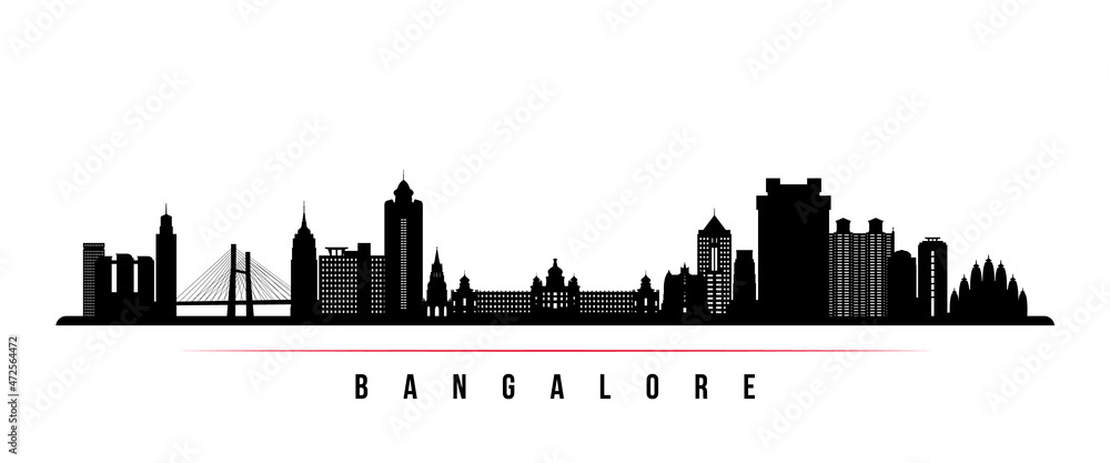 Bangalore skyline horizontal banner. Black and white silhouette of Bangalore, India. Vector template for your design.