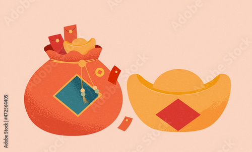 CNY gold ingot and fortune bag