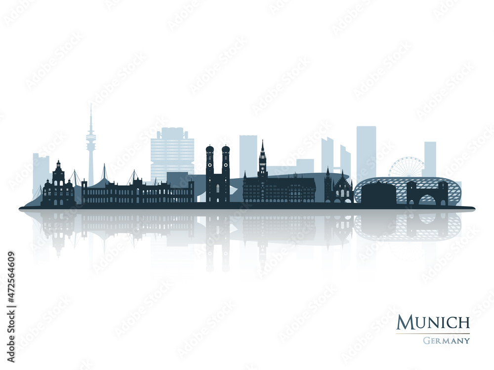 Obraz premium Munich skyline silhouette with reflection. Landscape Munich, Germany. Vector illustration.