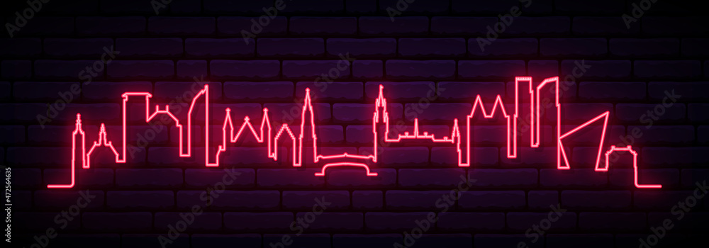 Fototapeta Czerwony neon panoramę Hagi. Jasny długi transparent miasta Haga. Ilustracja wektorowa.